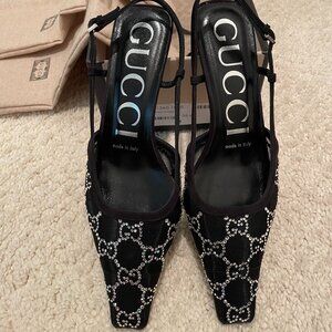 Women's Black and Silver Gucci Print Logo Heels